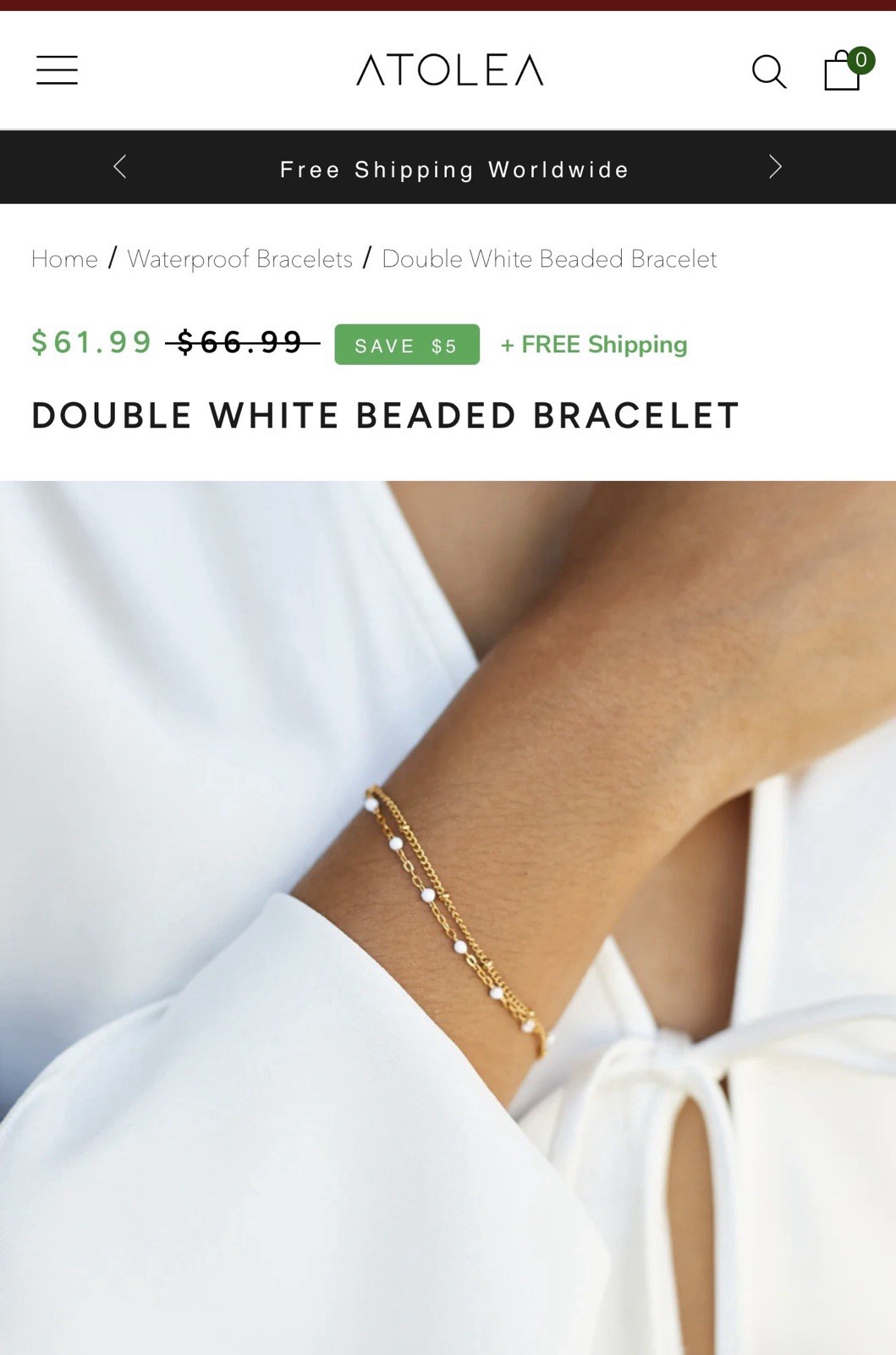 ATOLEA Gold Tone Double Layer White Beaded Cable Chain Bracelet Lobster
