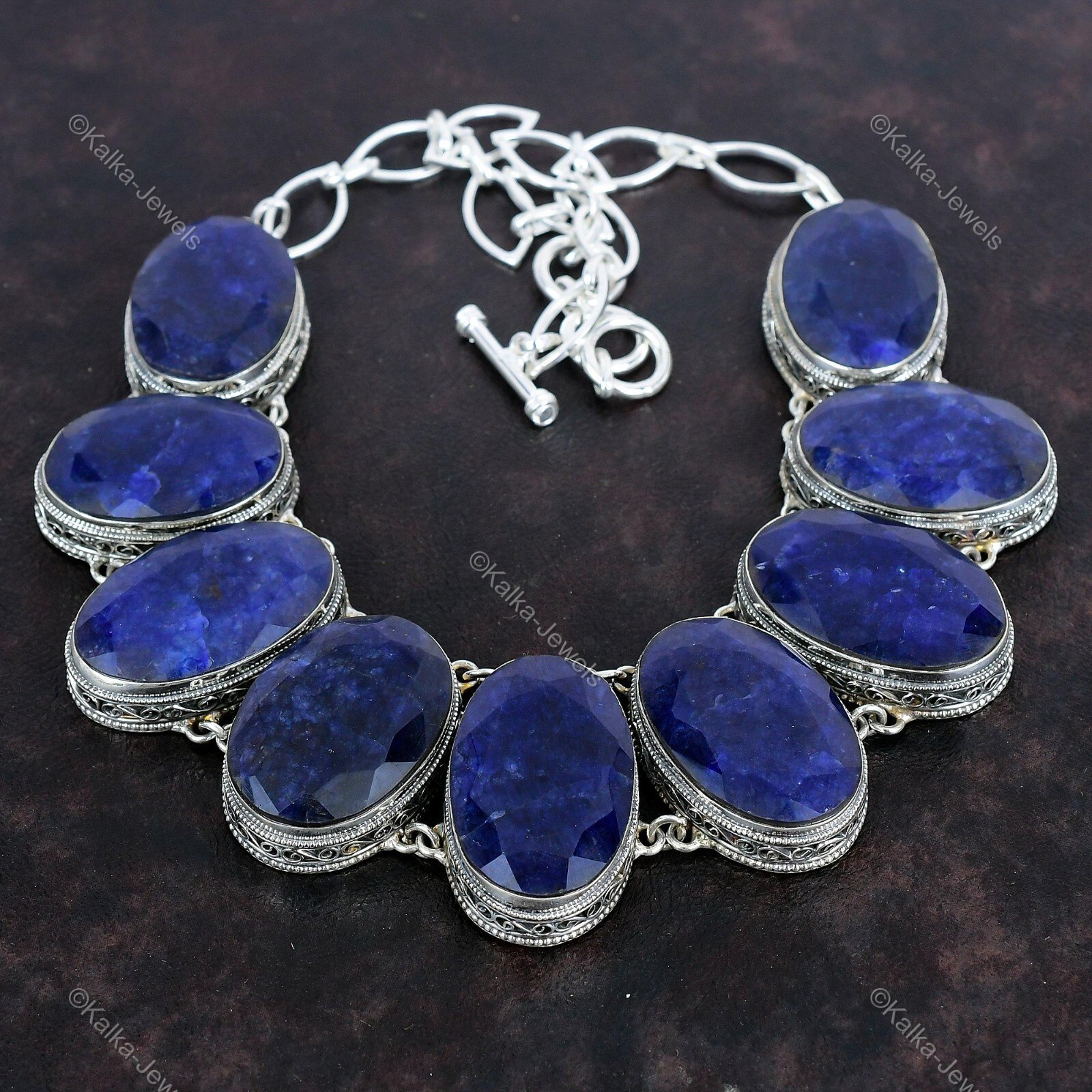 Blue Saphire Gemstone Chain Vintage Blue Adjustable Necklace 925 Silver