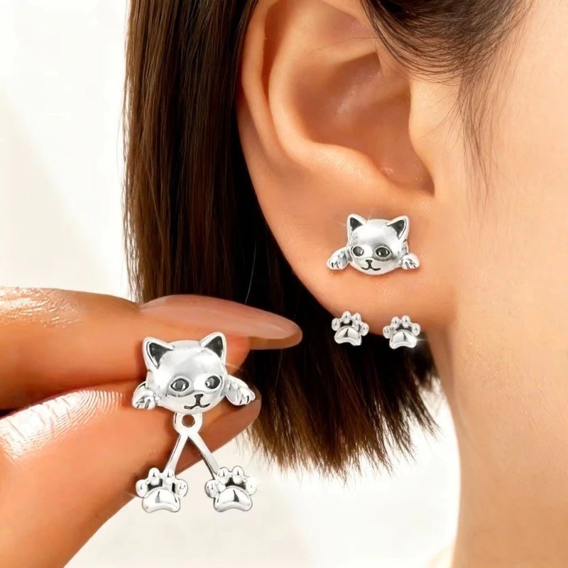 1pair Vintage Cat Paw Stud Earrings Back Hanging Silver Animal Jewelry Gift