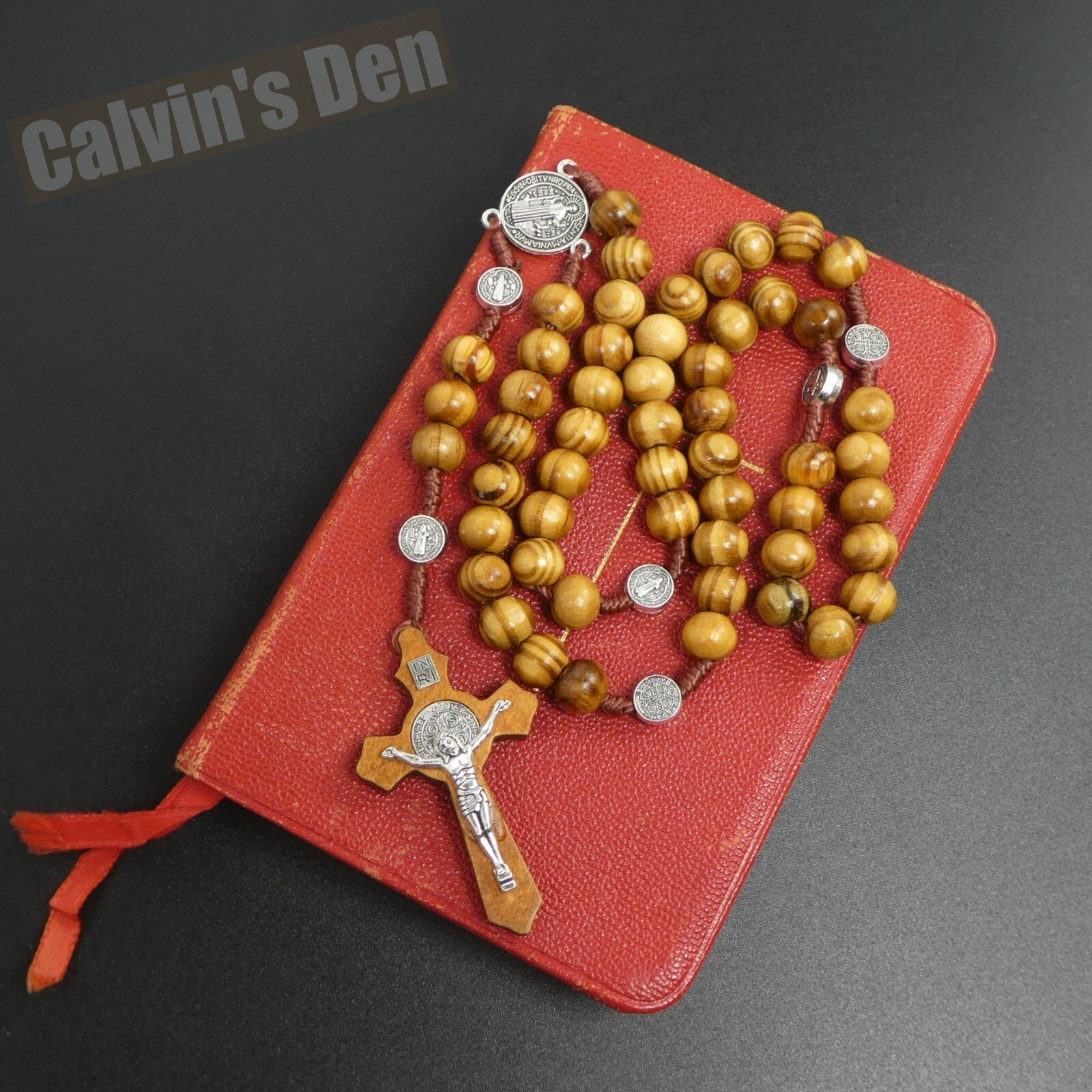 St Benedict Rosary Necklace Dark Wood Bead Five Decade Crucifix Cross Men Gift