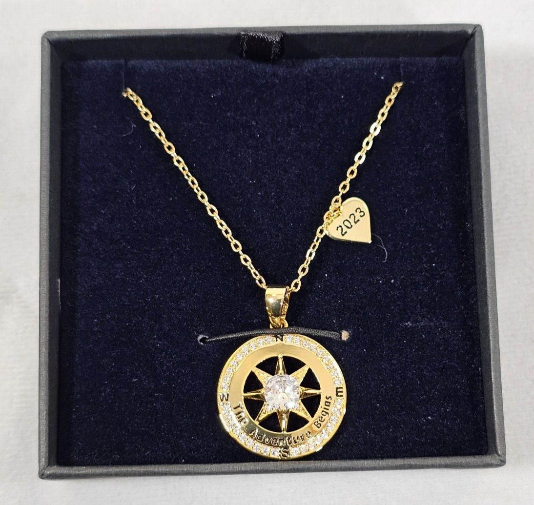 Gold-Plated 925 Sterling Silver Compass 2023 Graduation Necklace 17.7 in + 2