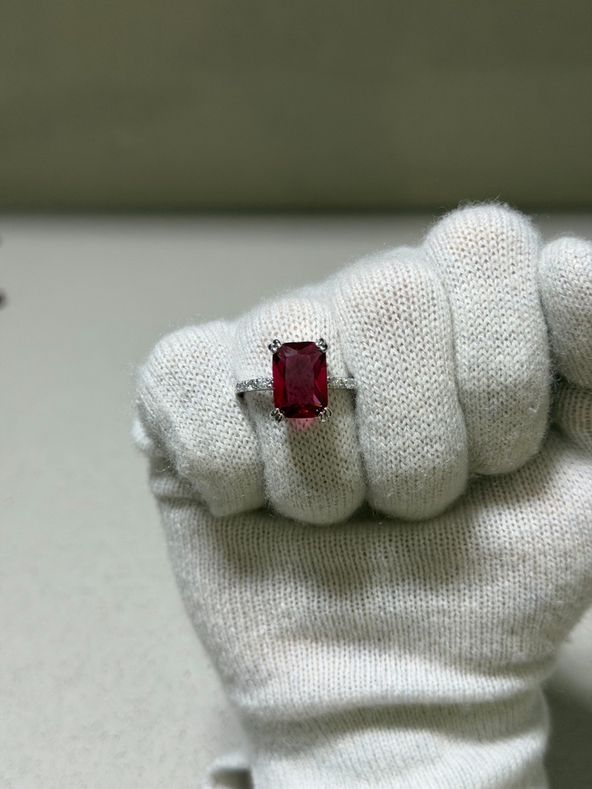 Emerald Shape Red Gemstone Ring With Side Stones Size 11