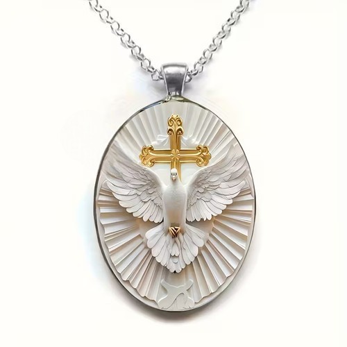 Angel Wings & Cross Design Oval Pendant Necklace