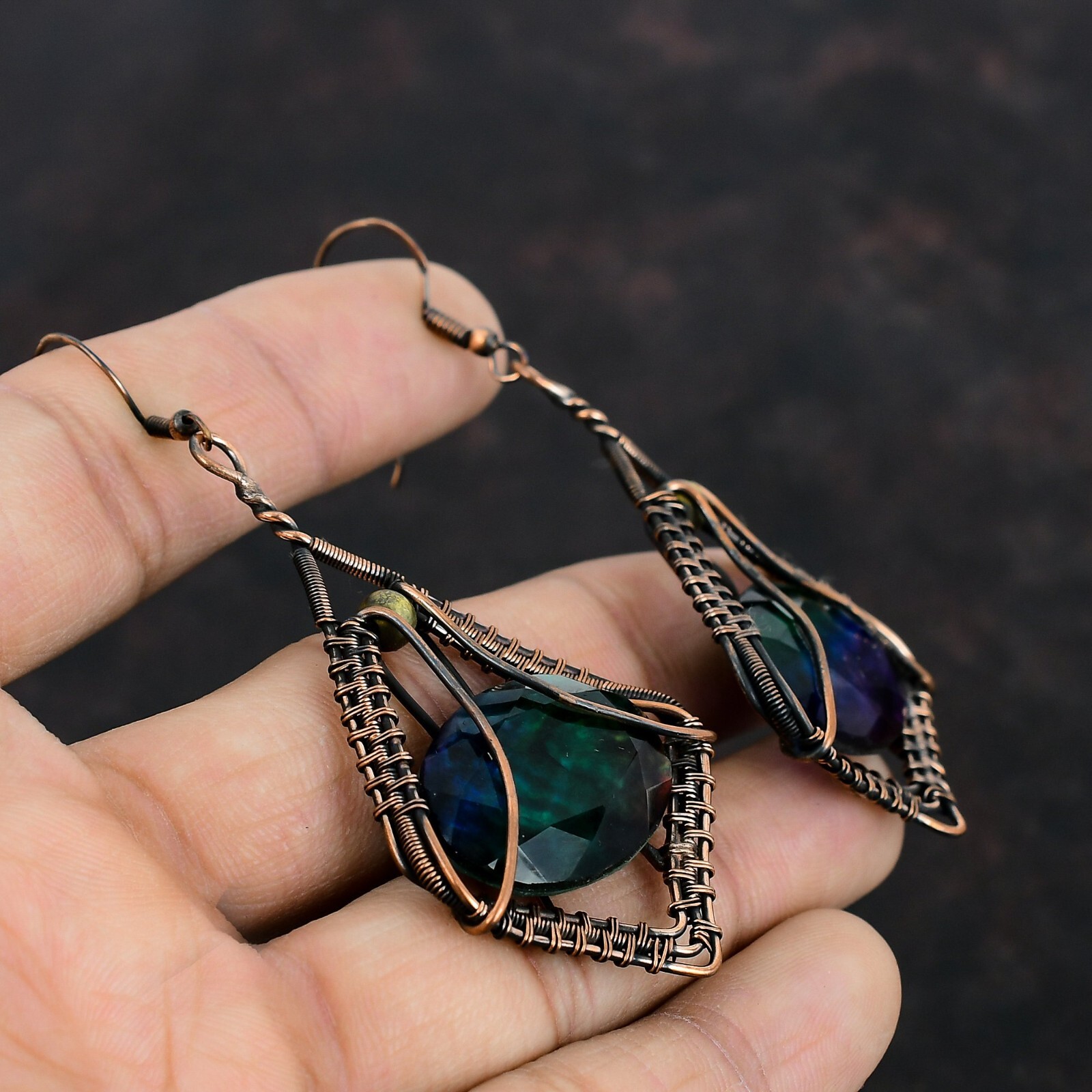 Ammolite Jewelry Copper Mother Gift Wire Wrapped Drop/Dangle Earrings 3.23″
