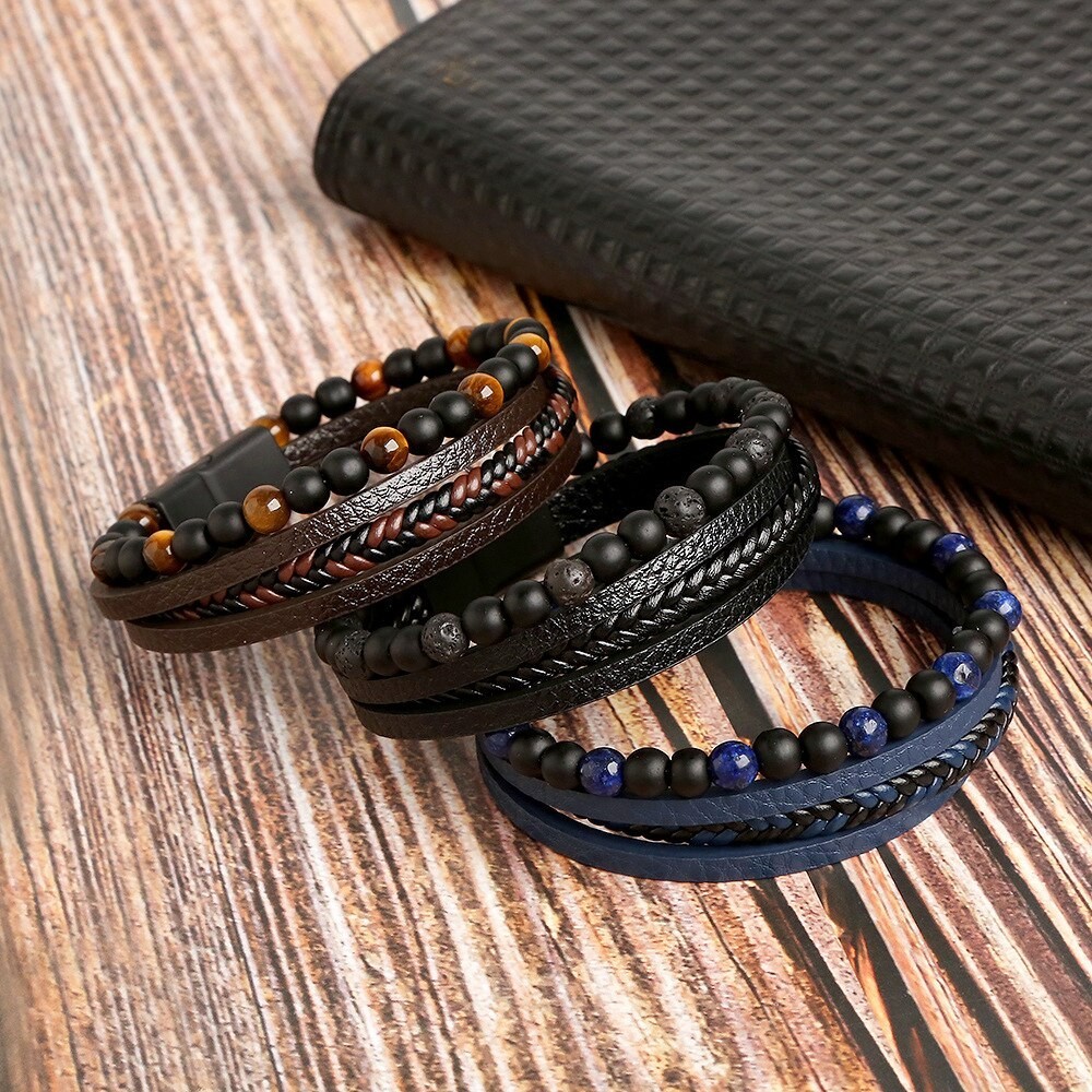 Men’s Layered Braided Leather Beaded Bracelet With Tiger Eye, Natural Stone