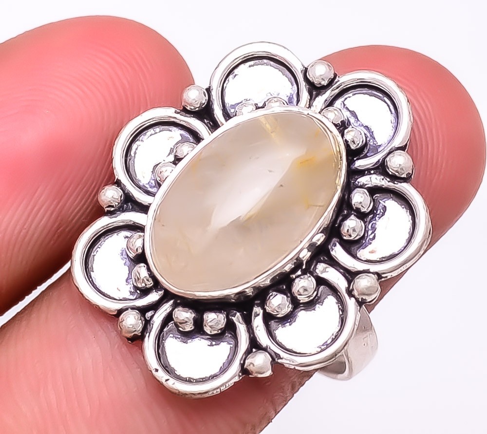 Natural Golden Rutilated Quartz Gemstone 925 Silver Plated Ring s.9 T270