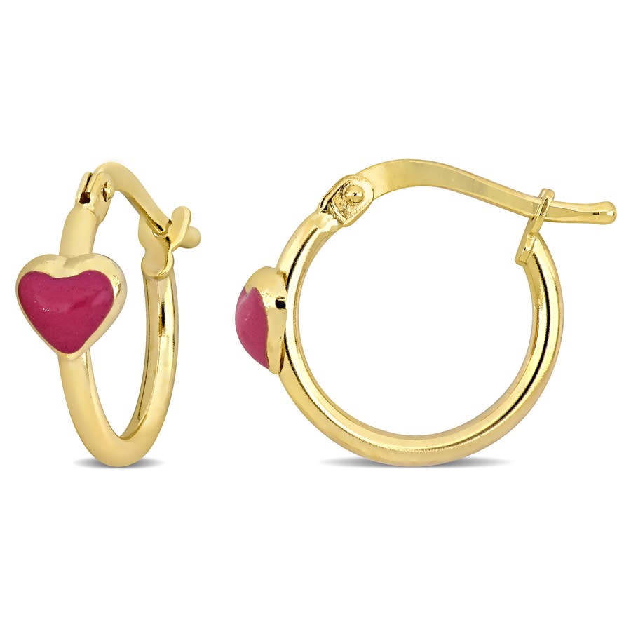 Amour 15mm Pink Enamel Heart Hoop Earrings in 14k Yellow Gold