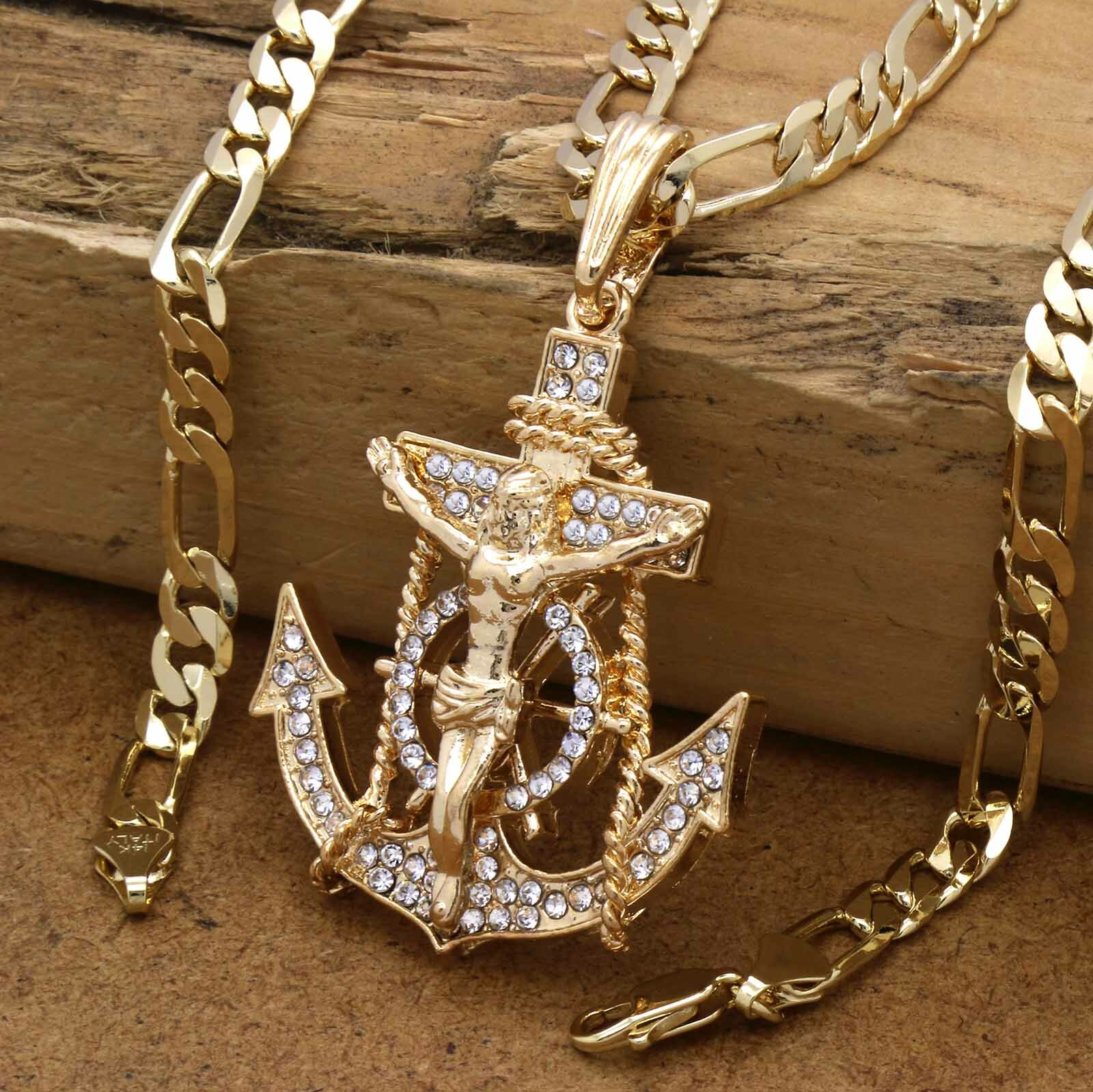 Hip Hop 14K Gold Plated Jesus Anchor Pendant Cubic-Zirconia 30″ Figaro Chain