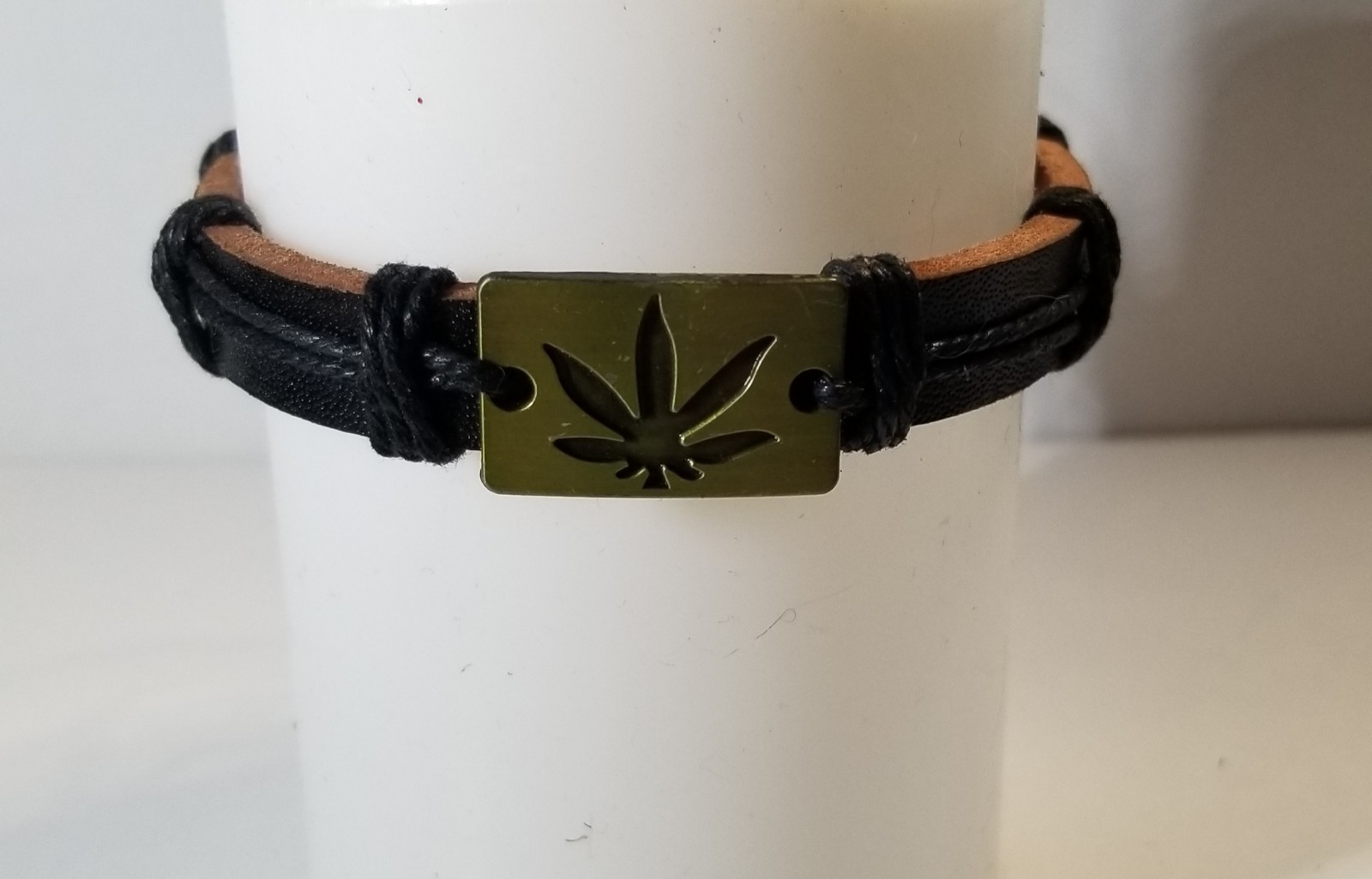 Marijuana Leaf Adjustable Bracelet. Unisex Weed Leaf Black Leather