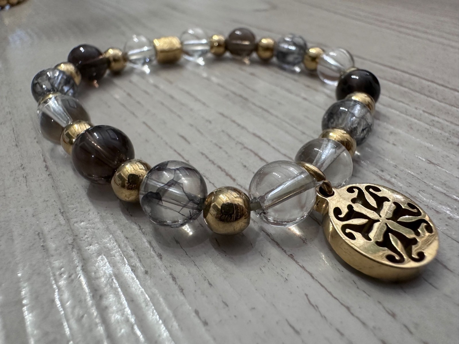 Rustic Cuff Black Grey Glass Beaded Stretch Bracelet Goldtone Charm