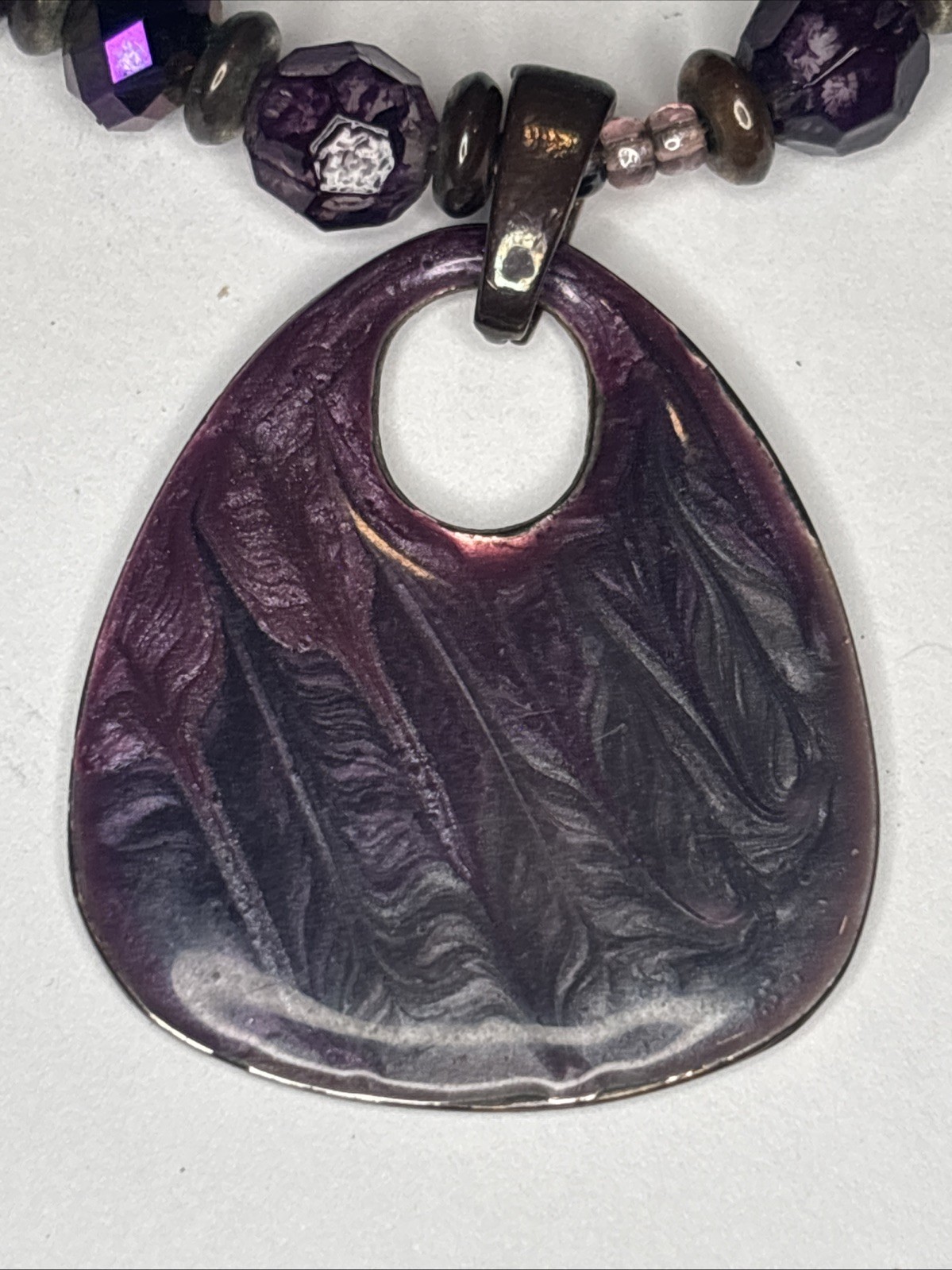 Purple Gemstone Necklace Glass Bead 20” Enameled Metal Pendant Boho