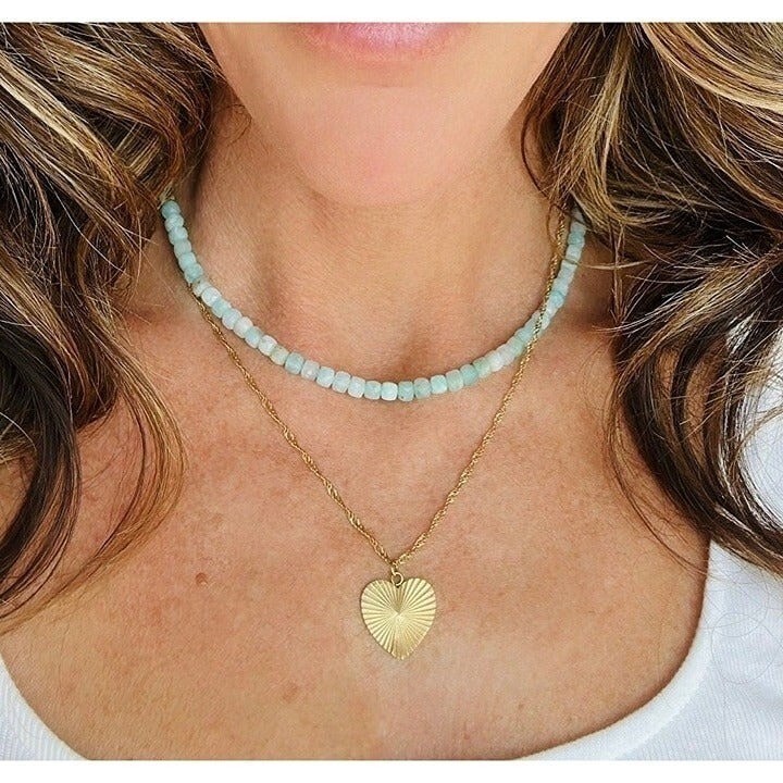 Beaded Amazonite Necklace w/ Removable Pearl and Gold Toggle Clasp Non-Tarnish