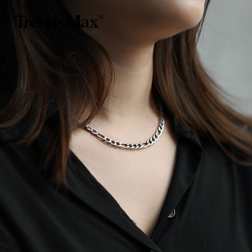 5mm 16-30″ Silver Stainless Steel Figaro Chain Necklace Choker Men Women Jewelry
