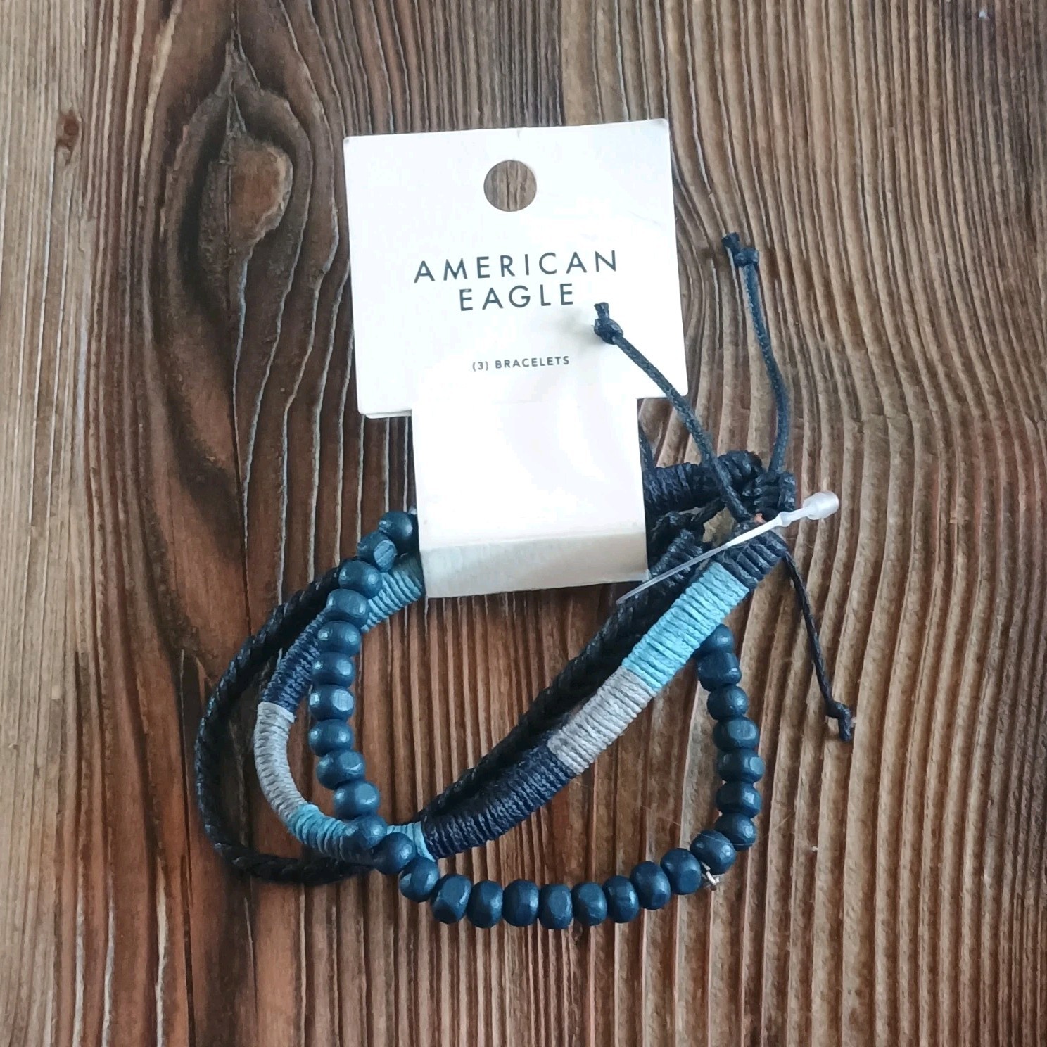 American Eagle 3 Bracelets Set Blue Beaded Wrap Adjustable Cord Wood