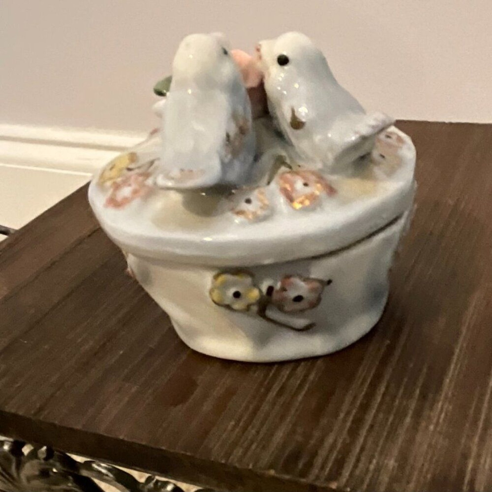 Vintage Ceramic Trinket Box with Lovebirds & Flowers