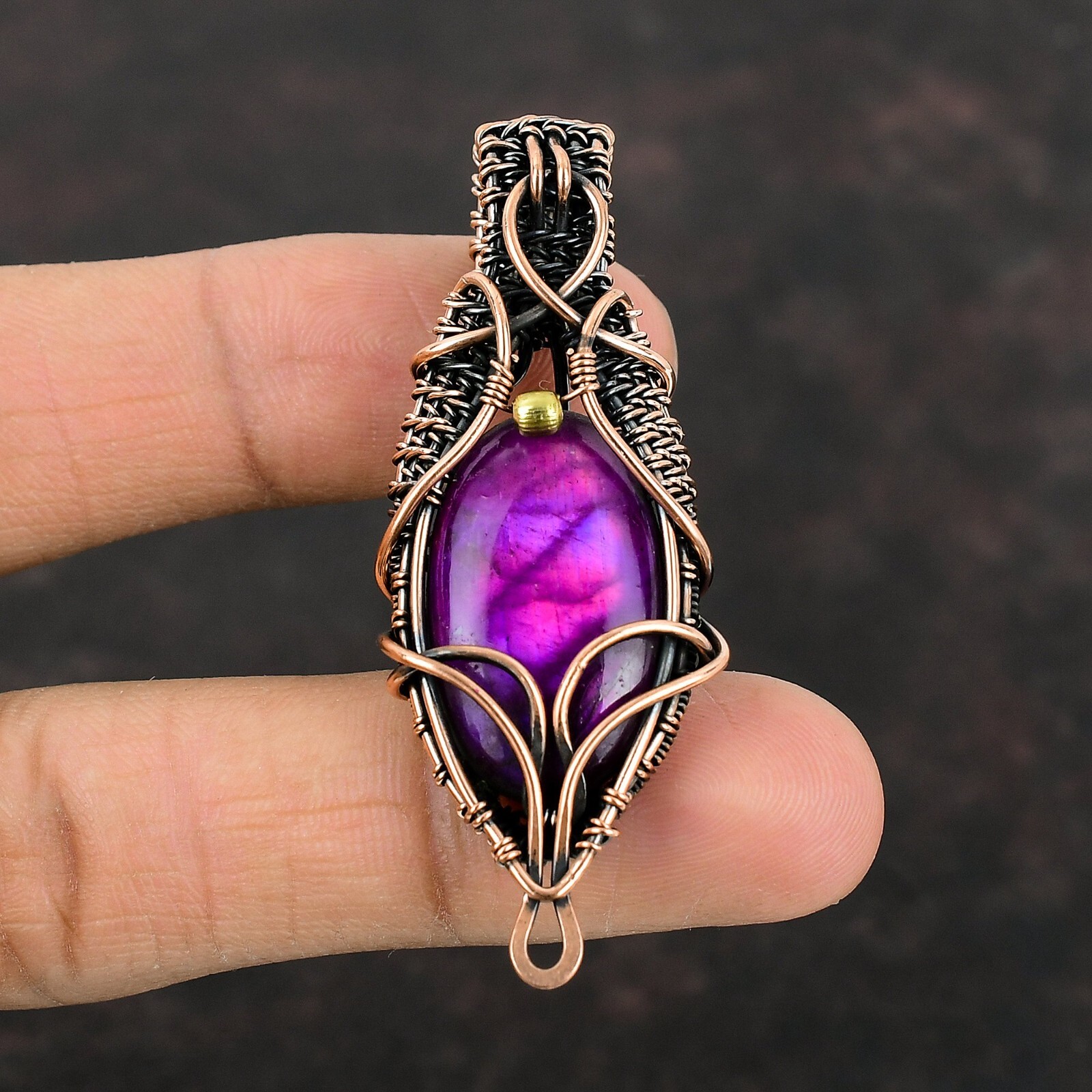 Pink Fire Labradorite Jewelry Copper Gift For Bestie Wire Wrapped Pendant 3.07″