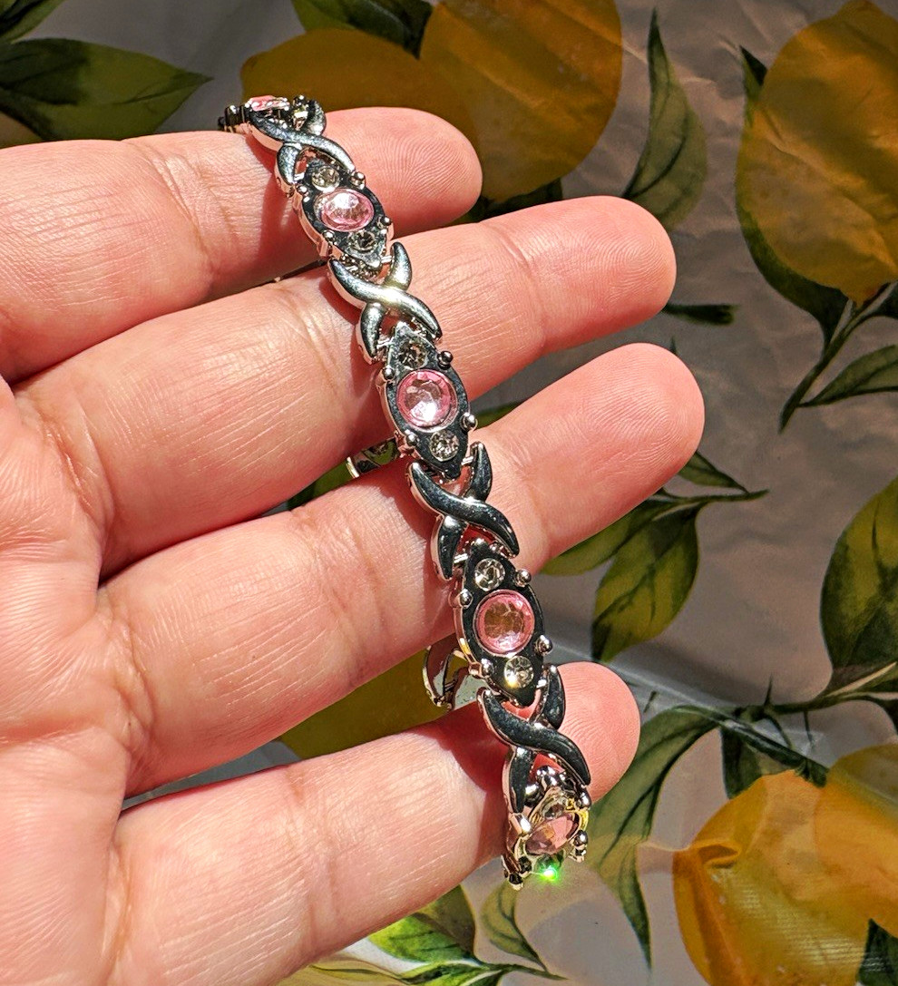 Silver Tone Link Chain Bracelet Pink Round Bezel-Set Crystal Stones