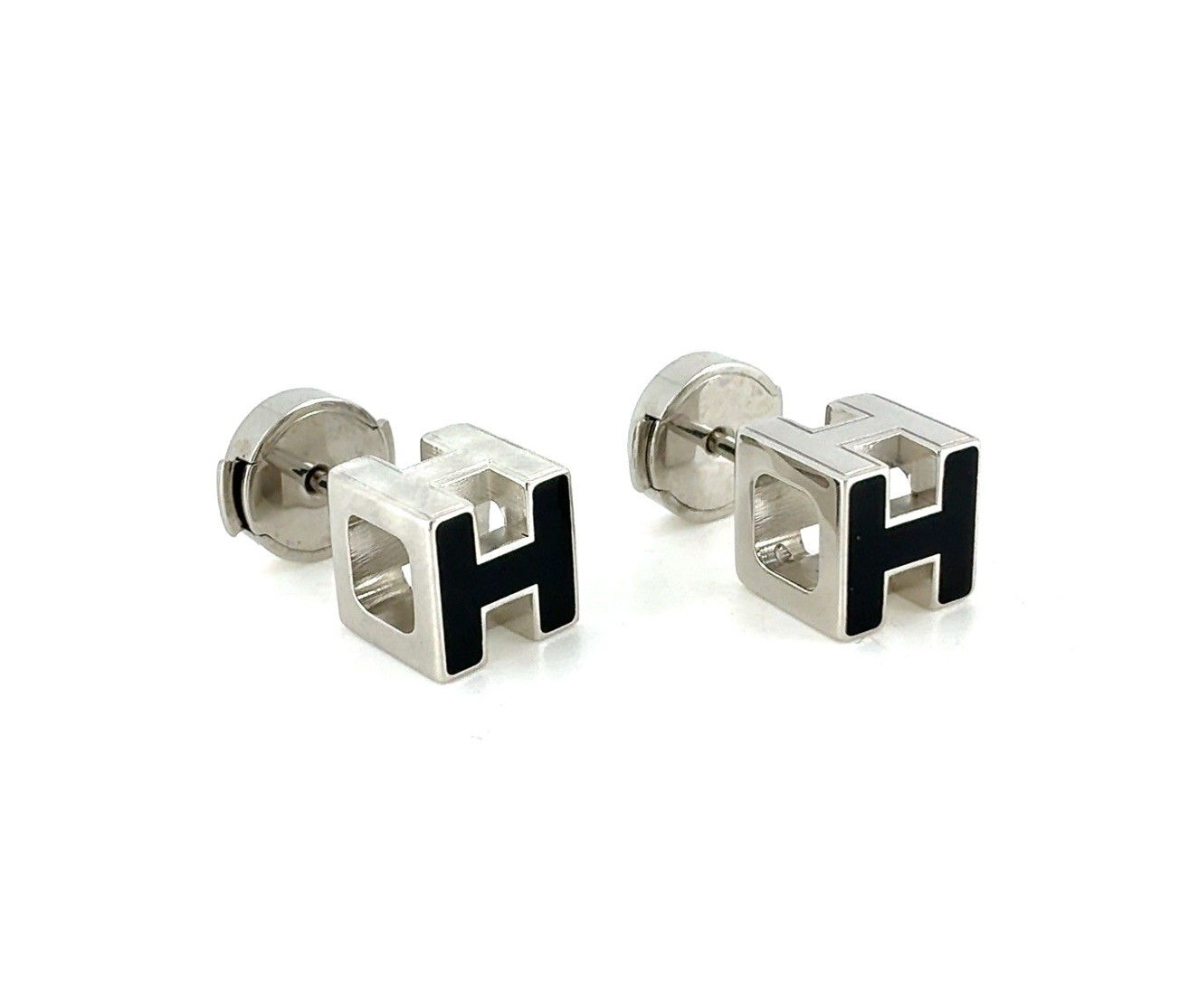 Hermes H Cube Square Stud Earrings Pair Silver Tone Black Enamel