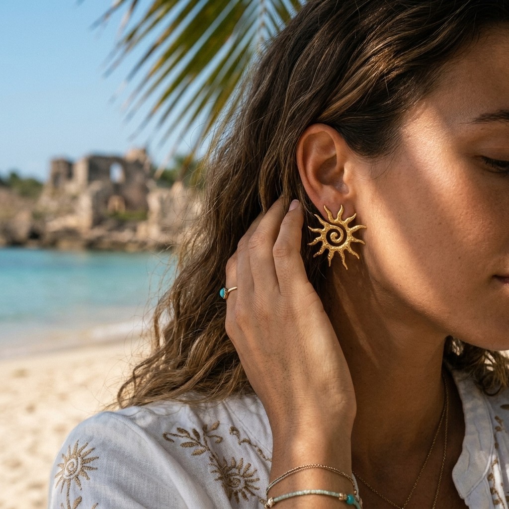 Elegant Gold Tone Sunburst Spiral Stud Earrings Boho Pierced Jewelry