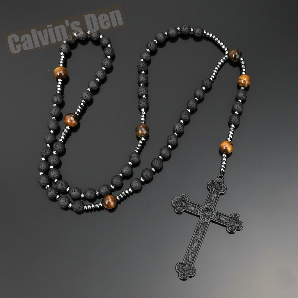 Gothic Punk Cross Pendant Lava Stone Tiger Eye Beads Rosary Necklace Men Gift