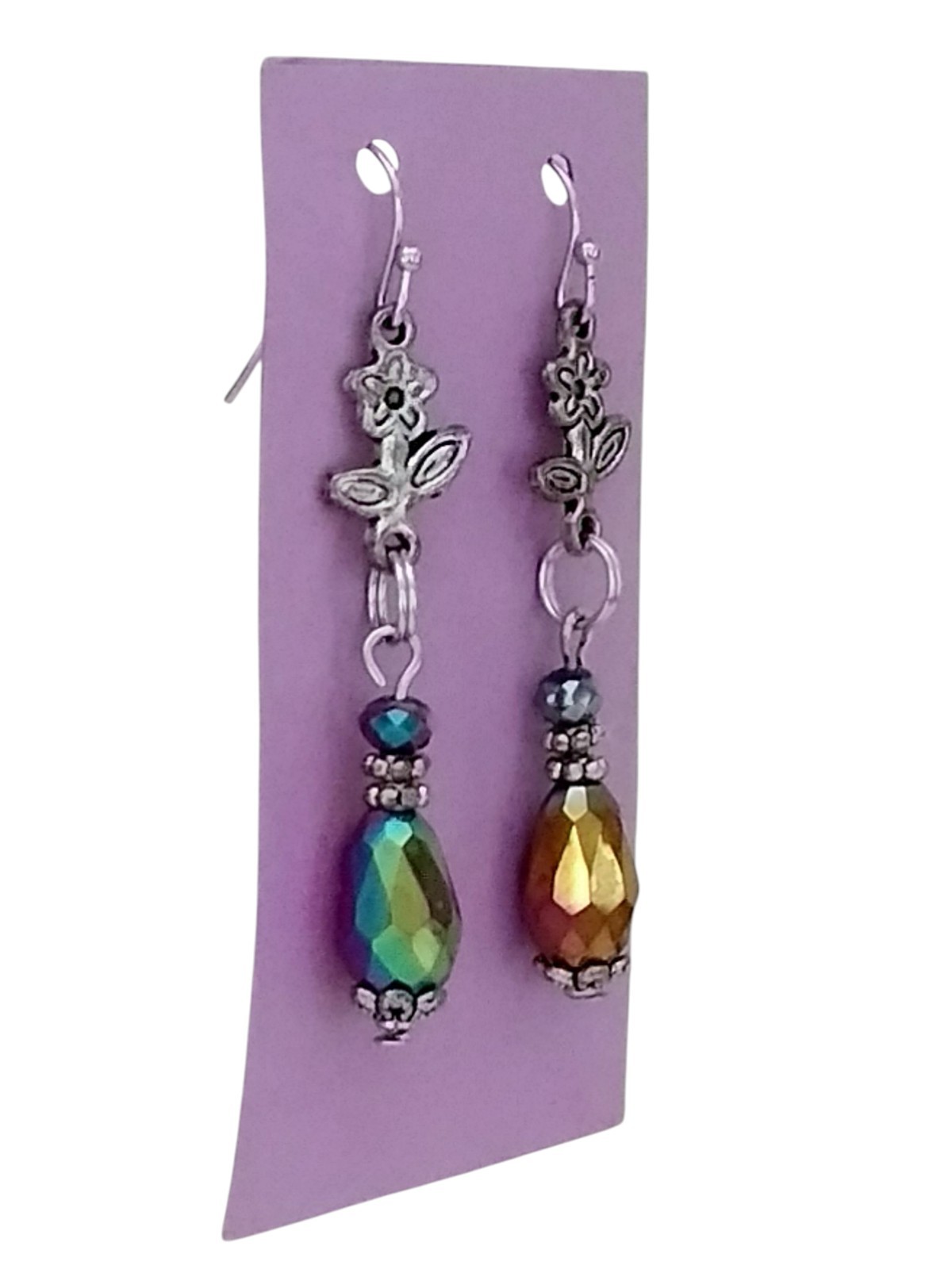 Handcrafted IRRIDESCENT BEADS SILVERTONE FLOWERS Double-Sided Dangle Earrings