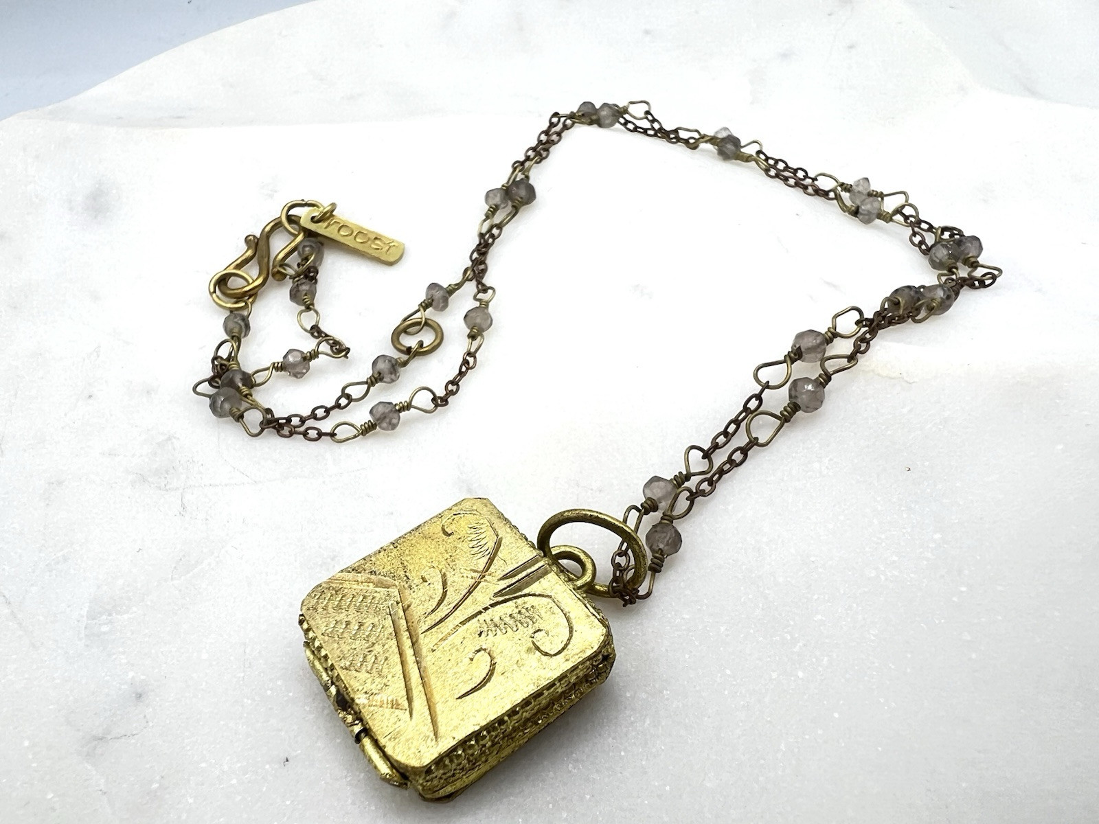 Etched Brass Square Locket Rustic Stash Pill Box Labradorite Beaded Chain Roost