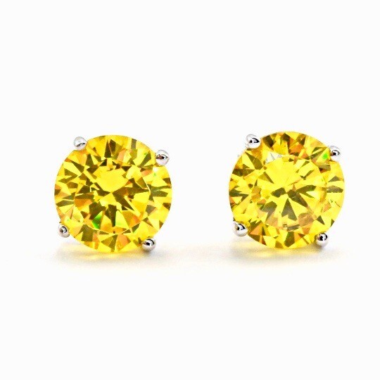 14K Solid White Gold Stud Earrings, Yellow Canary Earrings, 2tcw, Screw Back