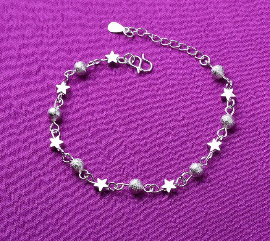 Women‘s Silver SP Love Beads Stars Charm Cuff Chain Bangle Bracelet
