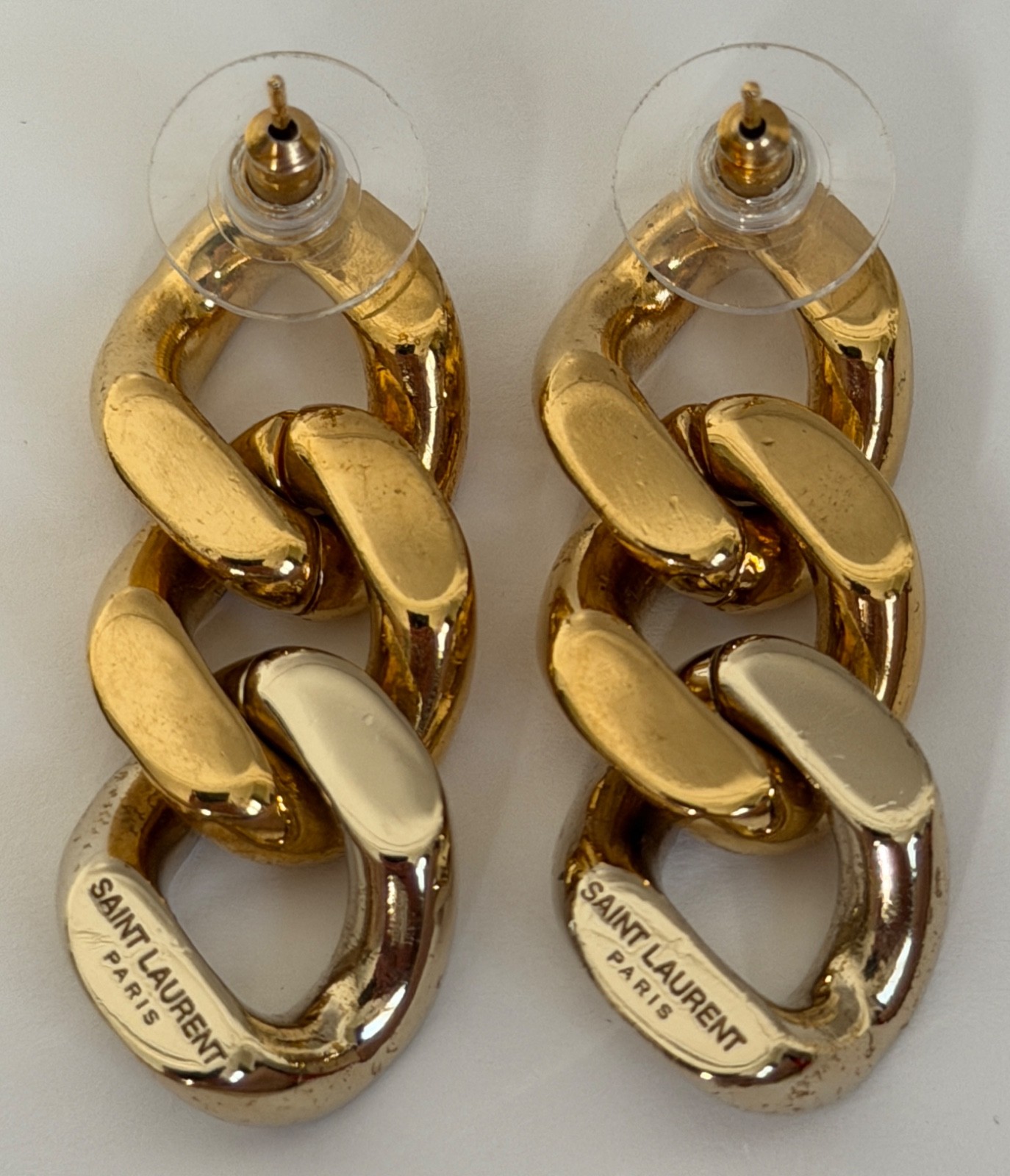 NIB Saint Laurent YSL Triple Curb Chain Link Antique Gold Drop Earrings $795