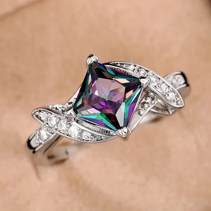 925 Sterling Silver Rainbow Mystical Fire Topaz Wedding Engagement Ring Size 8.5