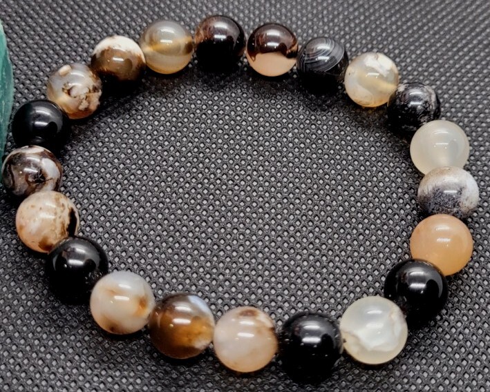 Natural Black, Brown & Pink Sakura 9mm Agate Bracelet