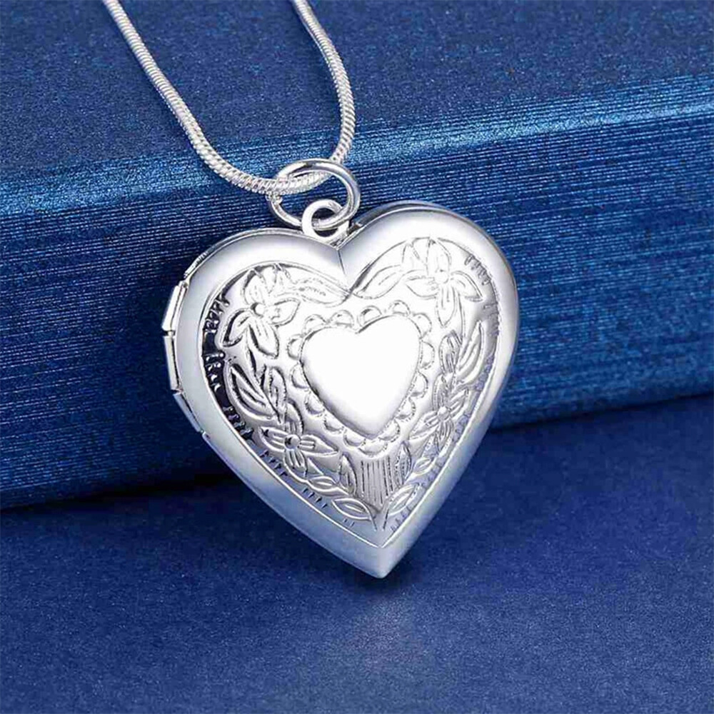 925 Sterling Silver Plated Heart Necklace, Locket Photo Picture Pendant 18″ N1