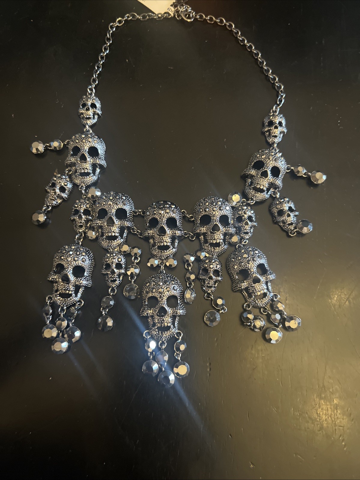 Natasha Gothic Black Crystal Skull Statement Necklace NWT