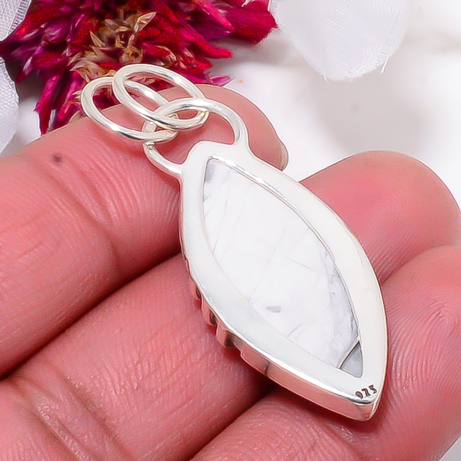 Natural White Howlite – United States 925 Sterling Silver Pendant 1.76″ sku59