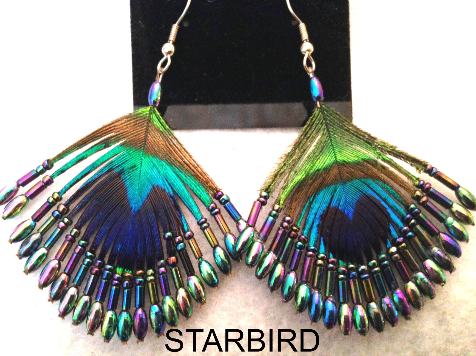 PEACOCK FEATHER BEADED EARRINGS AURORA BOREALIS 80’s VINTAGE