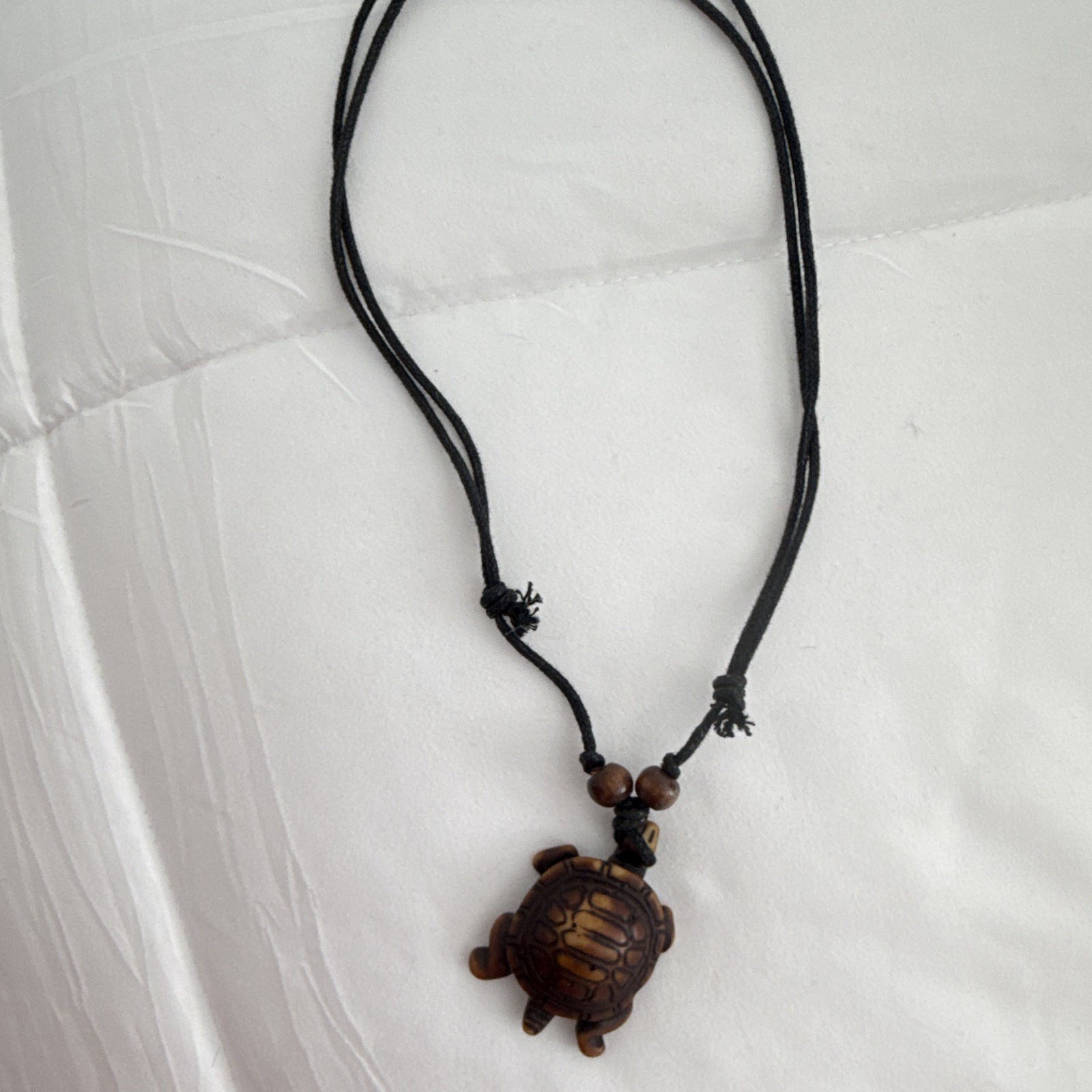 Adjustable Black Cord Beaded Necklace with Brown Wood Turtle Charm Pendant