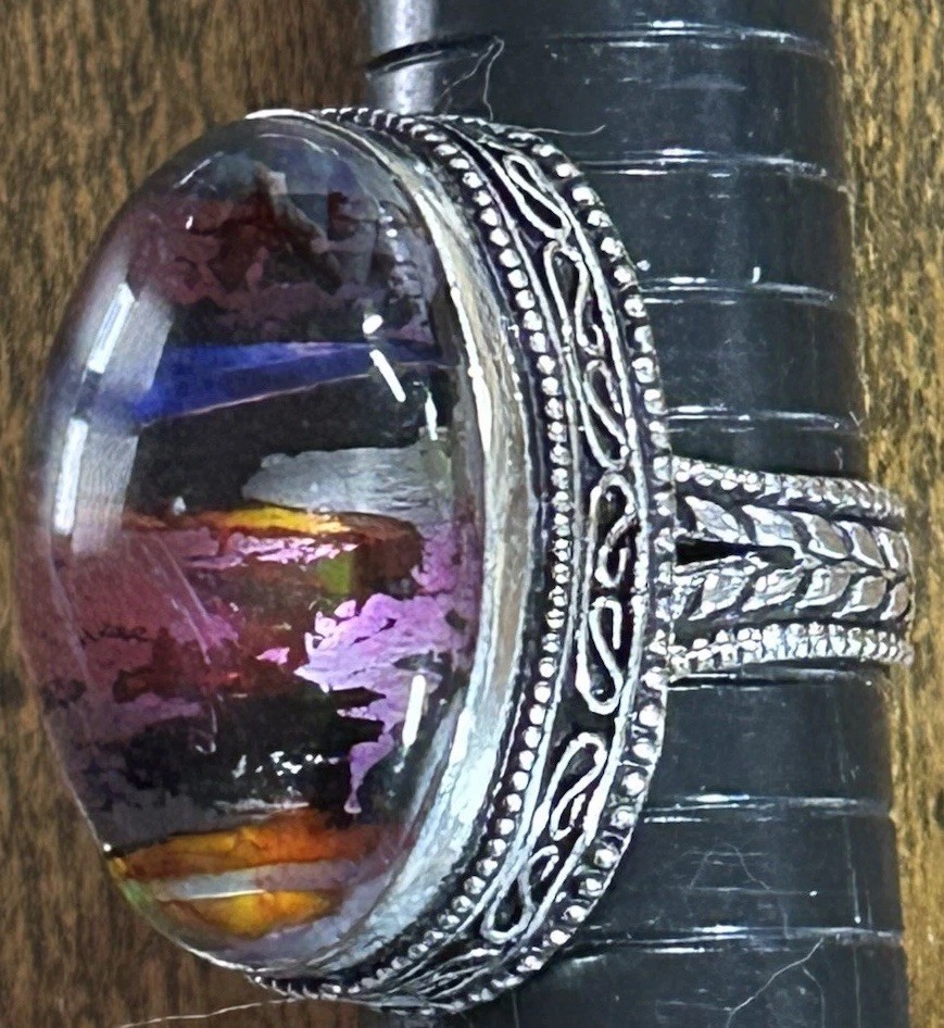45582. Size 8.5 Ammolite Opal Gemstone Handmade Antique Design Ring