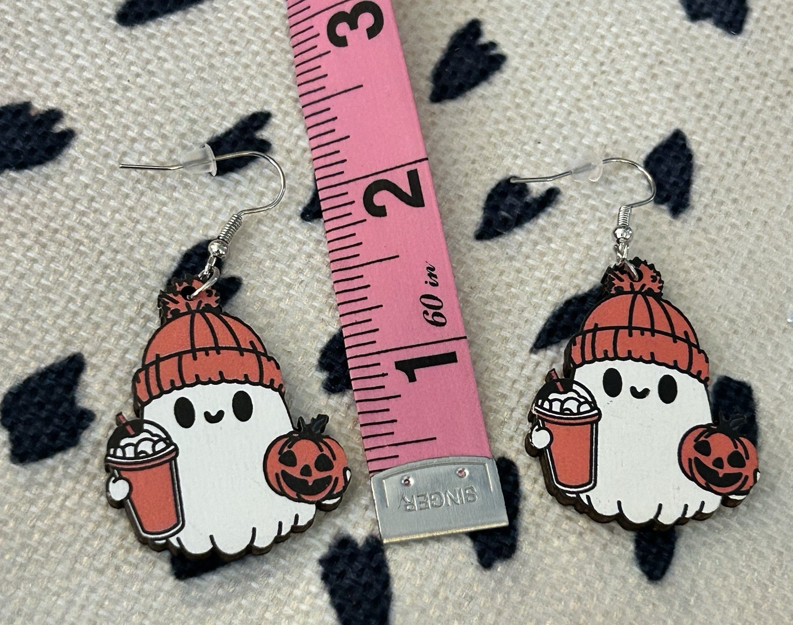 Ghost Dangle Earring With Coffee, Pumpkin And Beanie Double Sided Balsa Wood