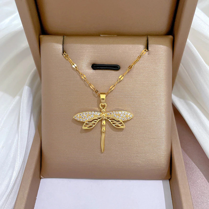 Women’s Fashion Jewelry Gold Cubic Zircon Dragonfly Pendant Necklace 427