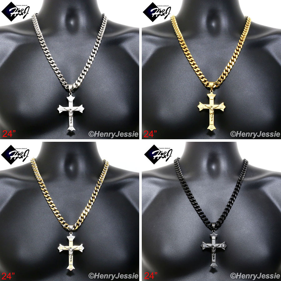 18-40″MEN Stainless Steel 9mm Silver/Gold/Black Plated Cuban Necklace Pendant*28