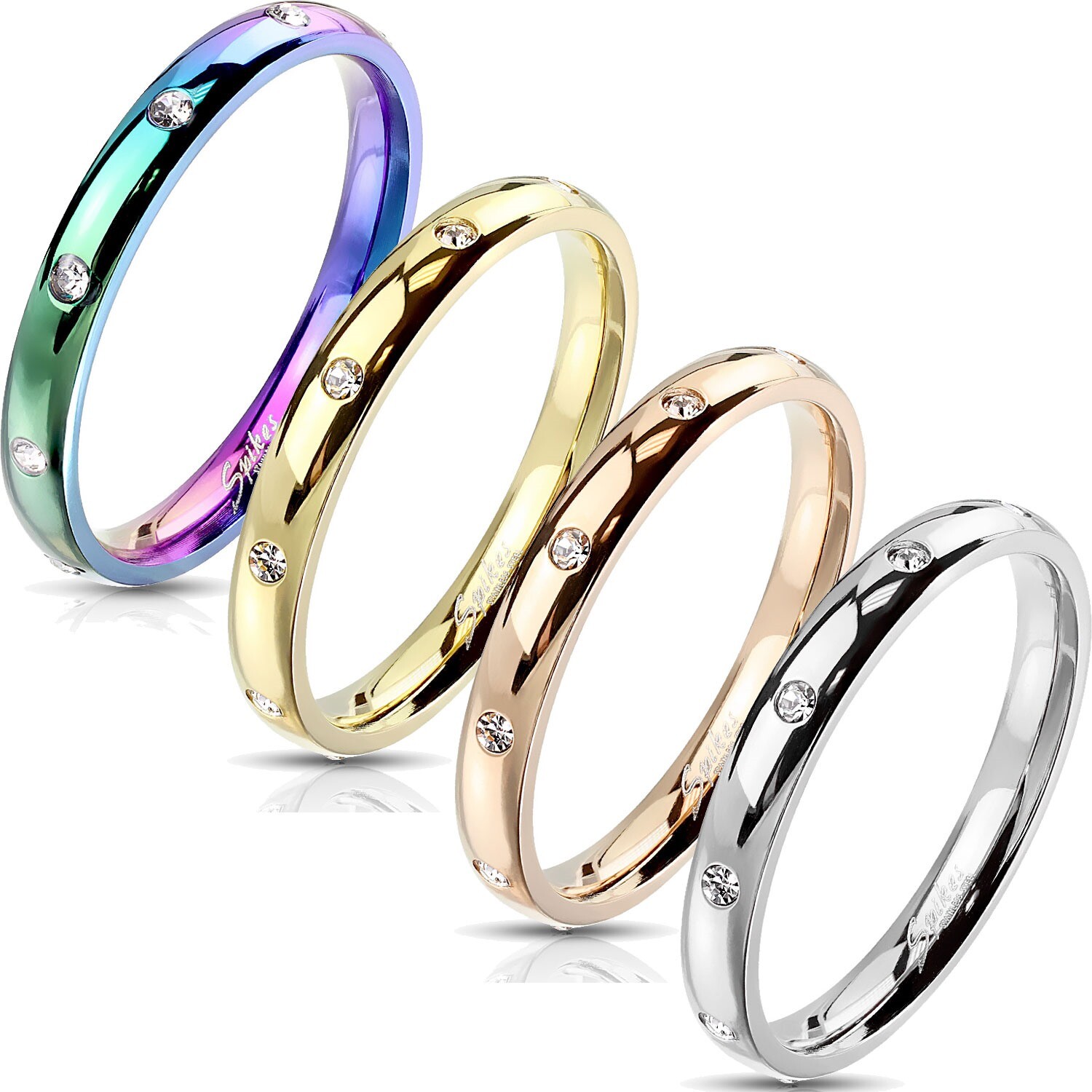 Stainless Steel CZ 3mm Eternity Band Ring Size 5-10 Rainbow Rose Gold Plated