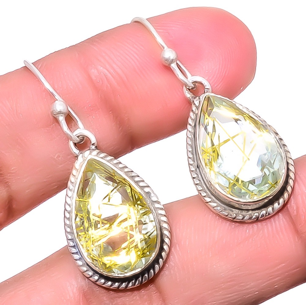 Golden Rutilated Quartz Handmade Silver Plated Bali Earring 1.37″ A68