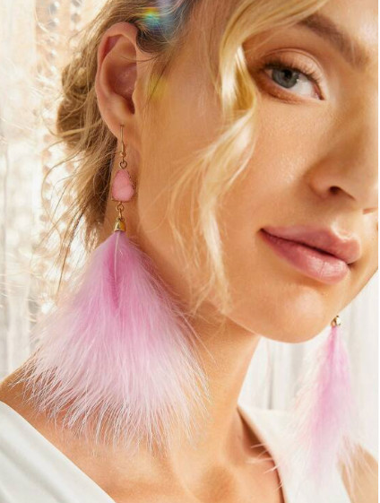 Fancy Pink Feather Earrings Hook Dangle Drop Long Delicate Fringe Earrings