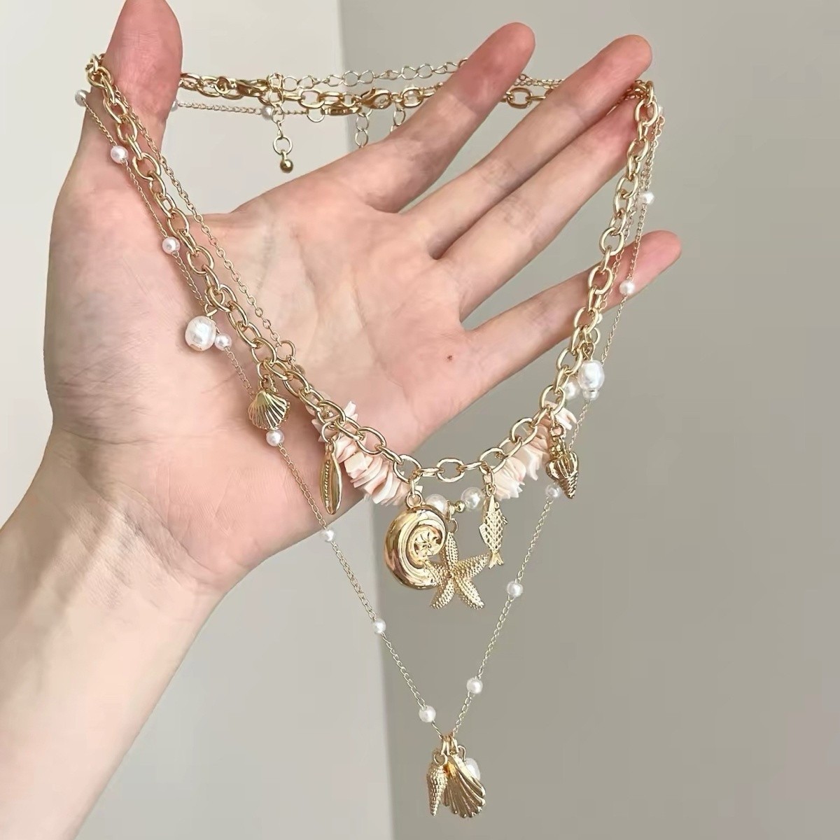 ⭐Resort Style Gold Seashell Starfish Pearl Tassel Stacked Necklace for Women