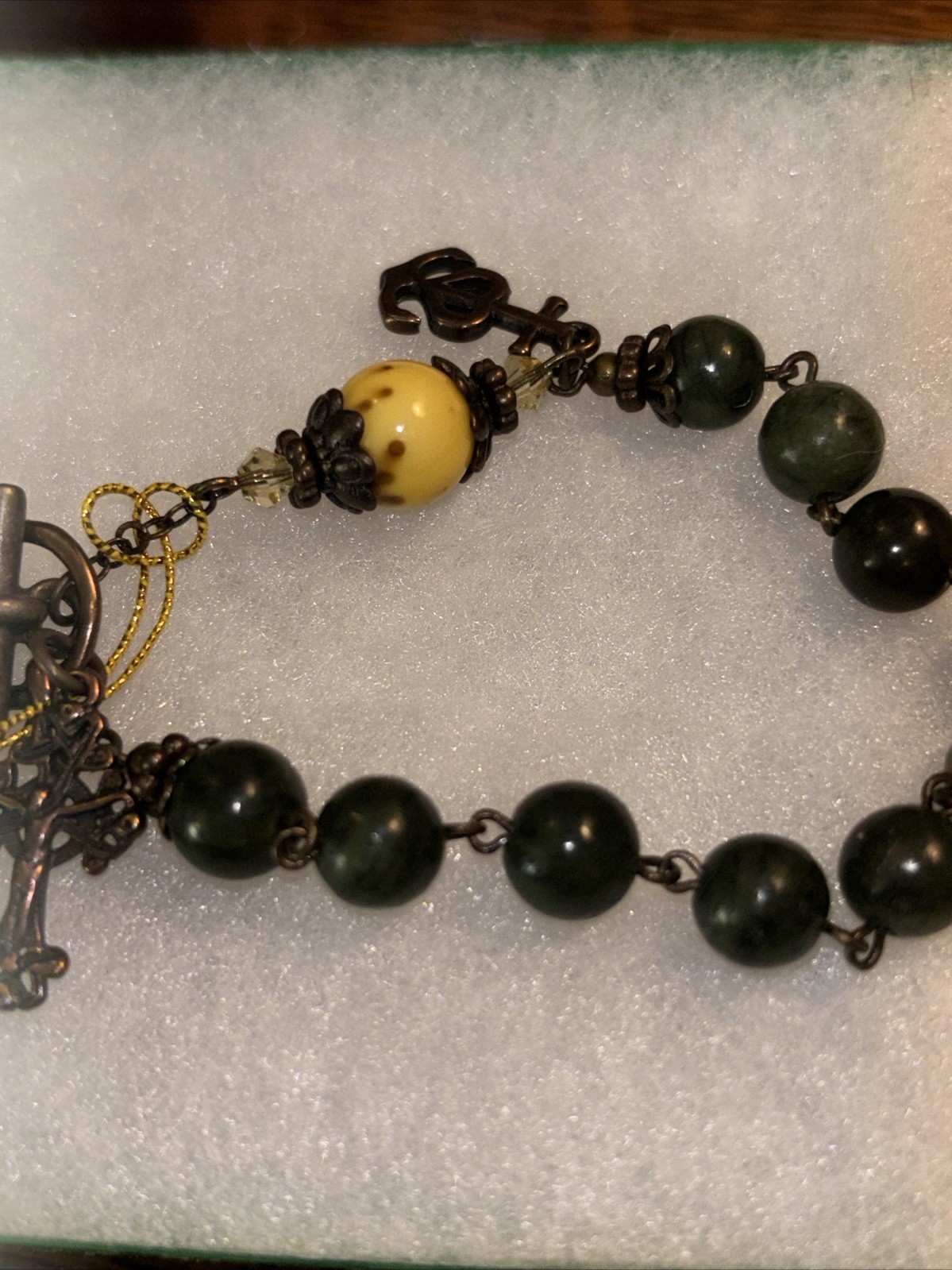 QVC Connemara Marble Bronzetone Antiqued Rosary Bracelet, yellow Stone, Avg NIB
