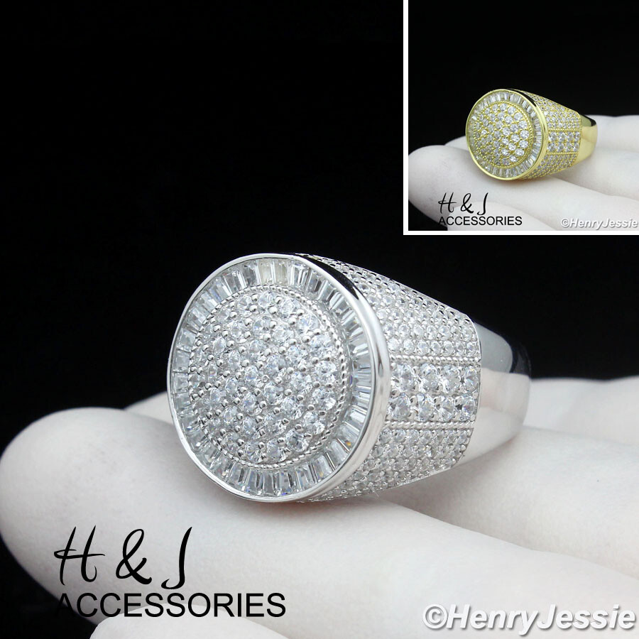 MEN 925 STERLING SILVER ICY BLING CZ GOLD PLATED/SILVER 3D HIPHOP ROUND RING*200