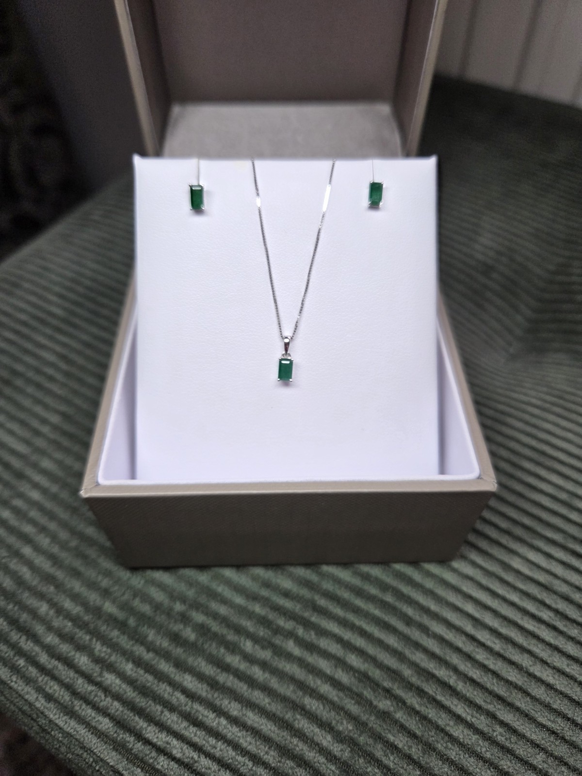 Green Emerald Diamond Necklace and Earrings Set White Gold Finish