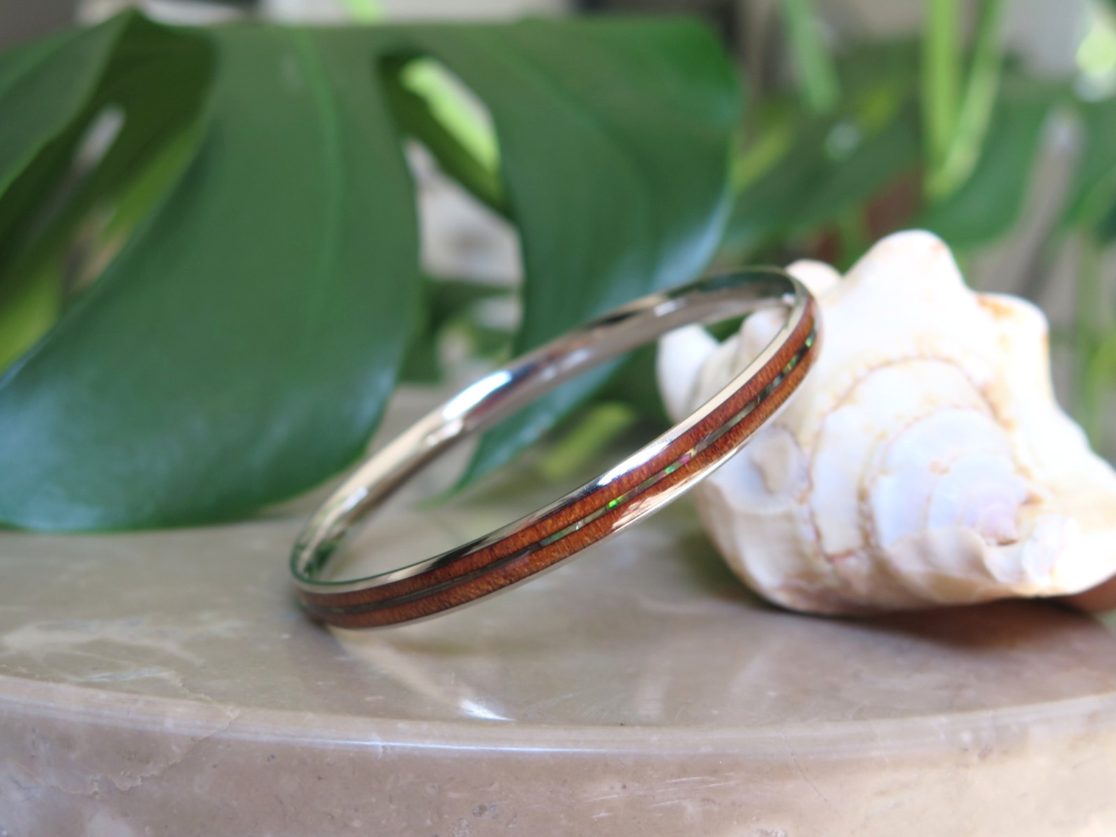 Hawaiian Jewelry Koa Wood & Abalone Shell Stainless Steel Bracelet Bangle #22579