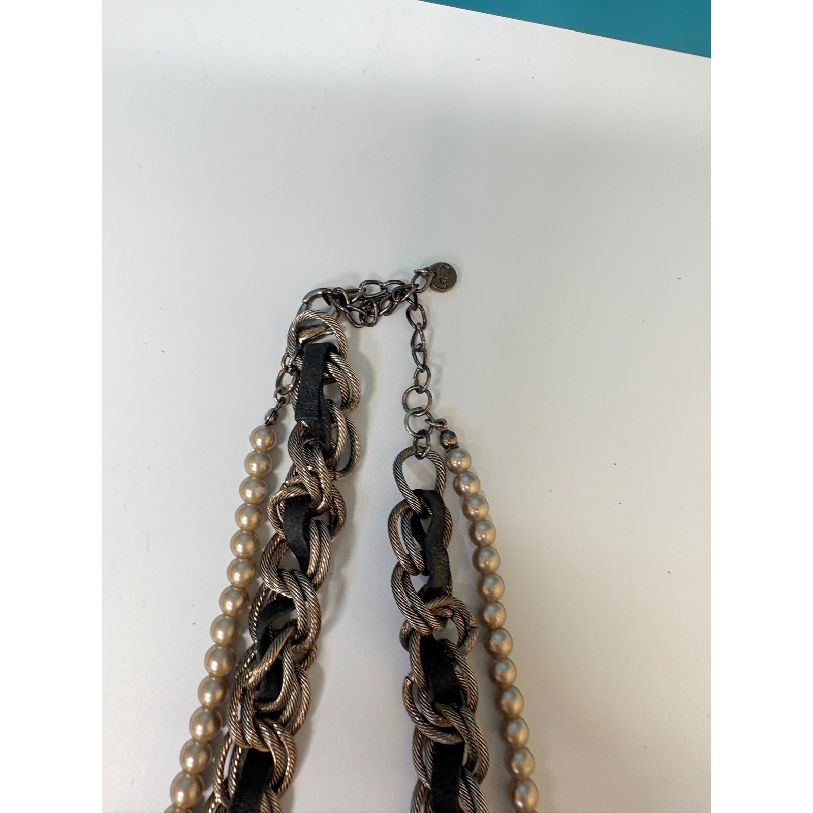 Loft Chunky Multi Strand Necklace Gold Tone Chain Faux Pearl Leather Statement
