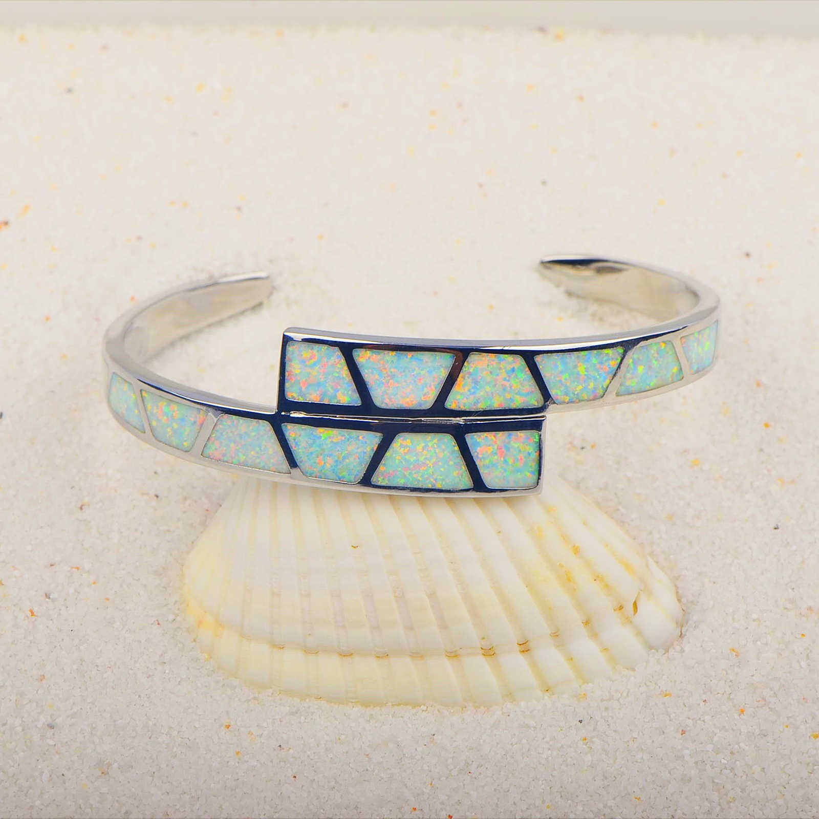 White Opal Double Striped Pattern Bangles 925 Sterling Sliver Jewelry For Women